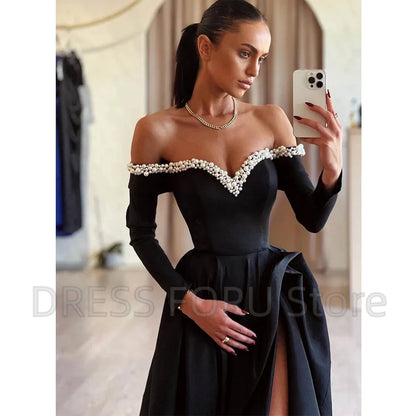 Sexy High Side Slit A-Line Evening Dress V-Neck Off the Shoulder Long Sleeves Pearls and Beading Women Banquet Custom Gowns