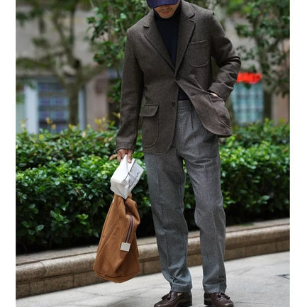 Spring Men's Peaky Blinders British Retro Tweed Wool Herringbone Hunting Casual Blazer