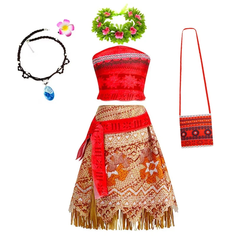 Girls Moana Princess Dress for Kids Carnival Cosplay Vaiana Costume Children Birthday Party Headwear Necklace Flower Clothes Set