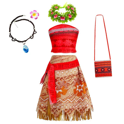 Girls Moana Princess Dress for Kids Carnival Cosplay Vaiana Costume Children Birthday Party Headwear Necklace Flower Clothes Set