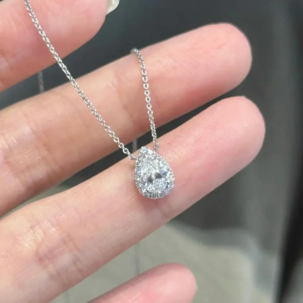 Certified 1/2 Carat Pear Cut Moissanite Pendant Necklaces 925 Sterling Silver Tear Drop Halo Diamond Neck Chain for Women