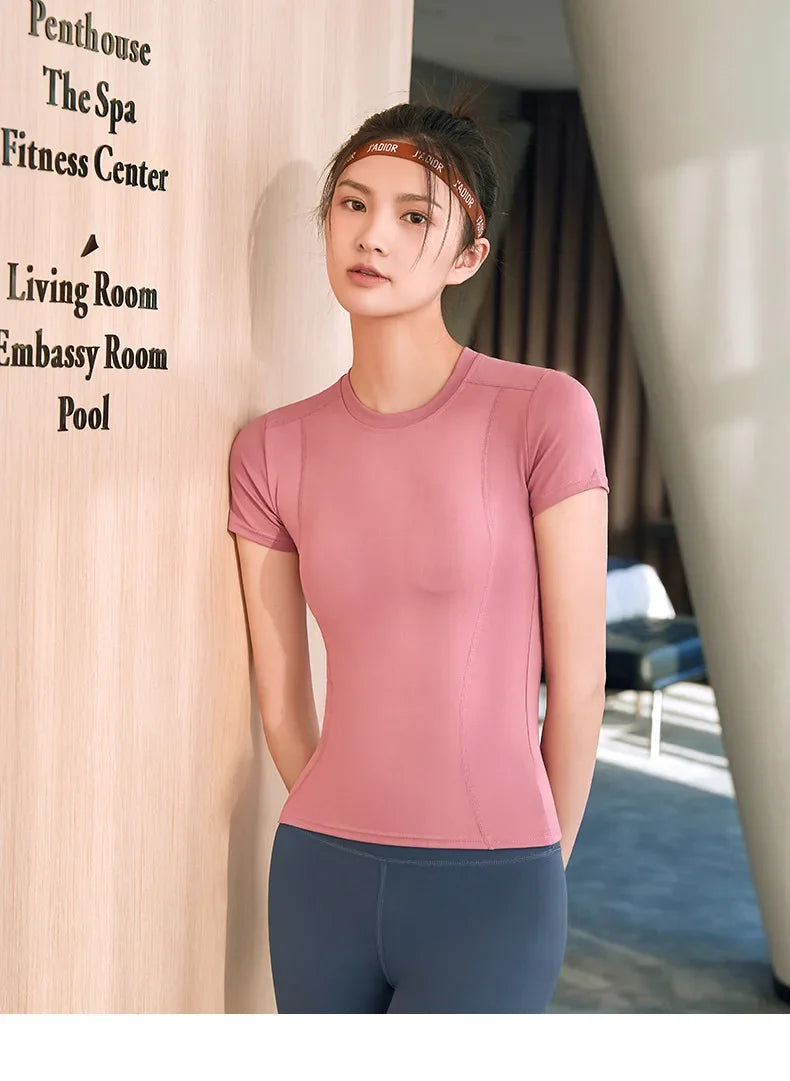 Women's Sports Fitness Clothing Slim Running Sweat Absorbing Skinny Yoga Clothes Quick Drying Clothes Short Sleeved T-shirt