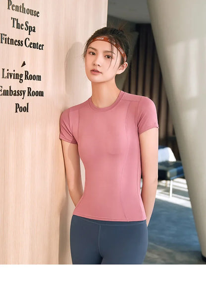 Women's Sports Fitness Clothing Slim Running Sweat Absorbing Skinny Yoga Clothes Quick Drying Clothes Short Sleeved T-shirt