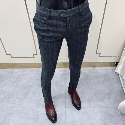 Autumn Winter Thickened Woolen Suit Pant High Quality Men Business Slim Striped Trousers Formal Wear Office Social Dress Pants