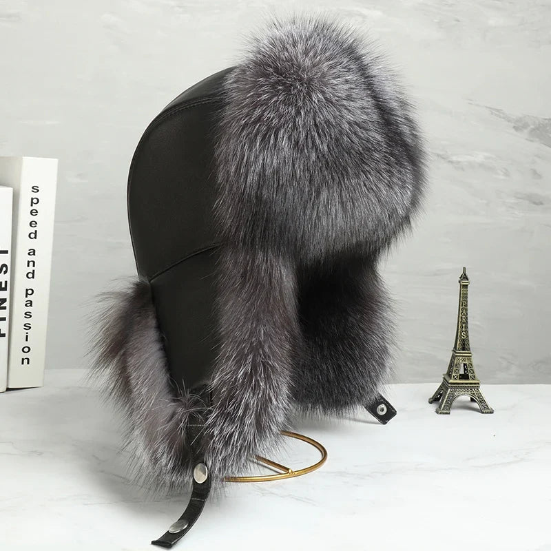 Winter Warm Real Fox Fur Hat Ear-Protecting Hats Women's Genuine Leather Windproof Fox Fur Bomber Hat Thickened Sheepskin Cap