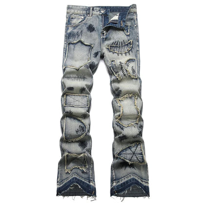 Men's Boot Cut Jeans Streetwear Patches Released Hem Pants Vintage Blue Embroidery Patchwork Flared Trousers