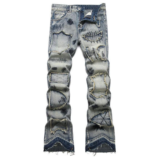 Men's Boot Cut Jeans Streetwear Patches Released Hem Pants Vintage Blue Embroidery Patchwork Flared Trousers