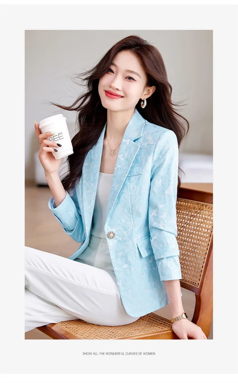 Women Blazer Office Lady 2024 Elegant Slim Notched Women Blazers Jackets Button Long Sleeve Decorative Pattern Female Suit Coat