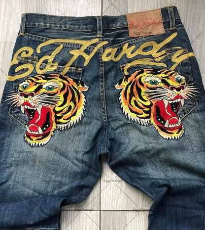 Mens Jeans Streetwear Y2K Vintage Straight Leg Denim Pants Skull Rose Flame Print Design Loose Fit Retro Punk Hip Hop Fashion