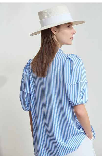 Minimalist New Summer Style 2025 Shirt for Women Turn Down Collar V-neck Lantern Sleeves Blue White Stripes Shirt 12542087