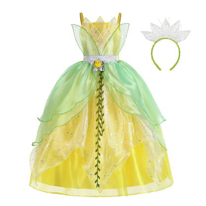 Toddler Birthday Party Green Dress Children's Day Tiana Inspired Delicate Princess Frock Girls Fairy Tale Gown Halloween Apparel