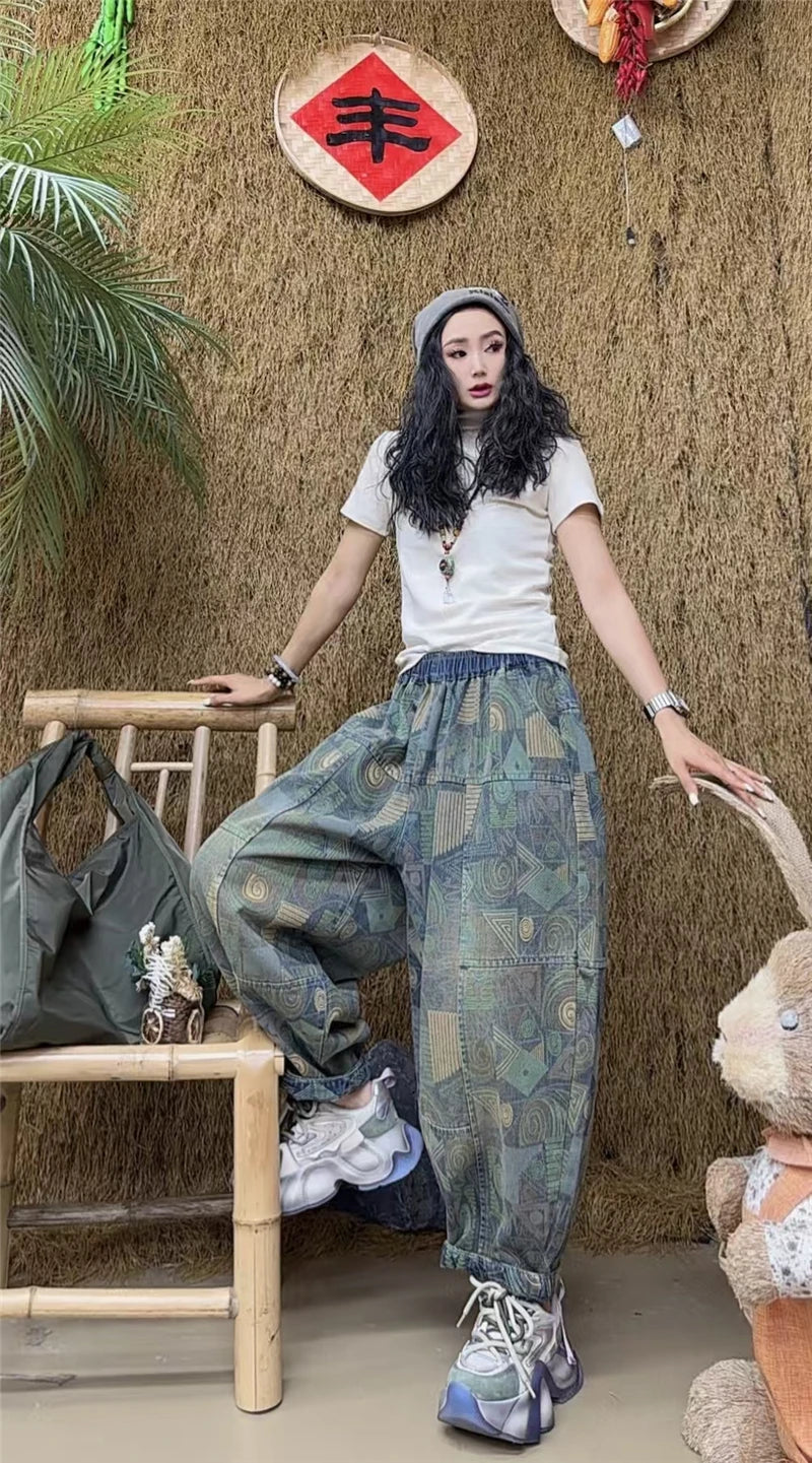 Printed Spring Patchwork Womens 2025 Harem Trousers Vintage Females Fashion Loose Leisure Denim Pants Classic Jeans
