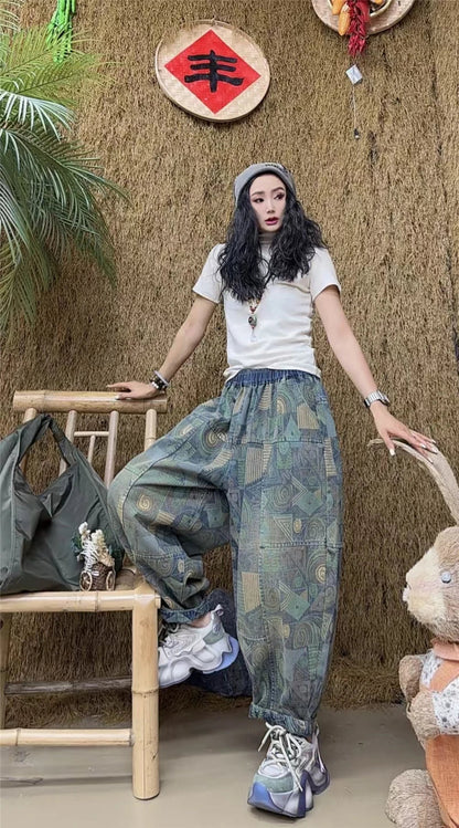 Printed Spring Patchwork Womens 2025 Harem Trousers Vintage Females Fashion Loose Leisure Denim Pants Classic Jeans