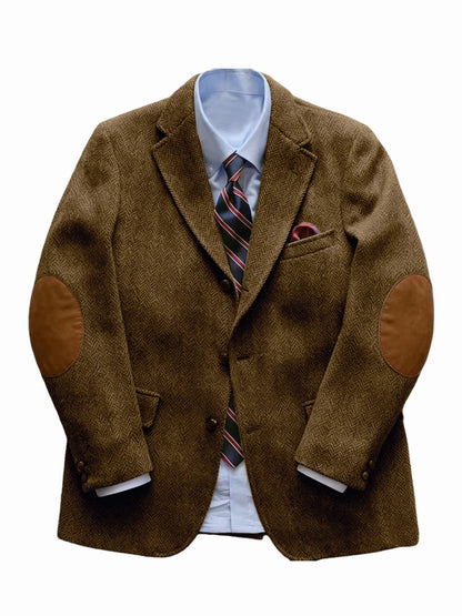 Men's Vintage Herringbone Tweed Blazer With Elbow Patch 2 Button Single Breasted Cotton Casual Slim Fit Business Jacket XS-7XL