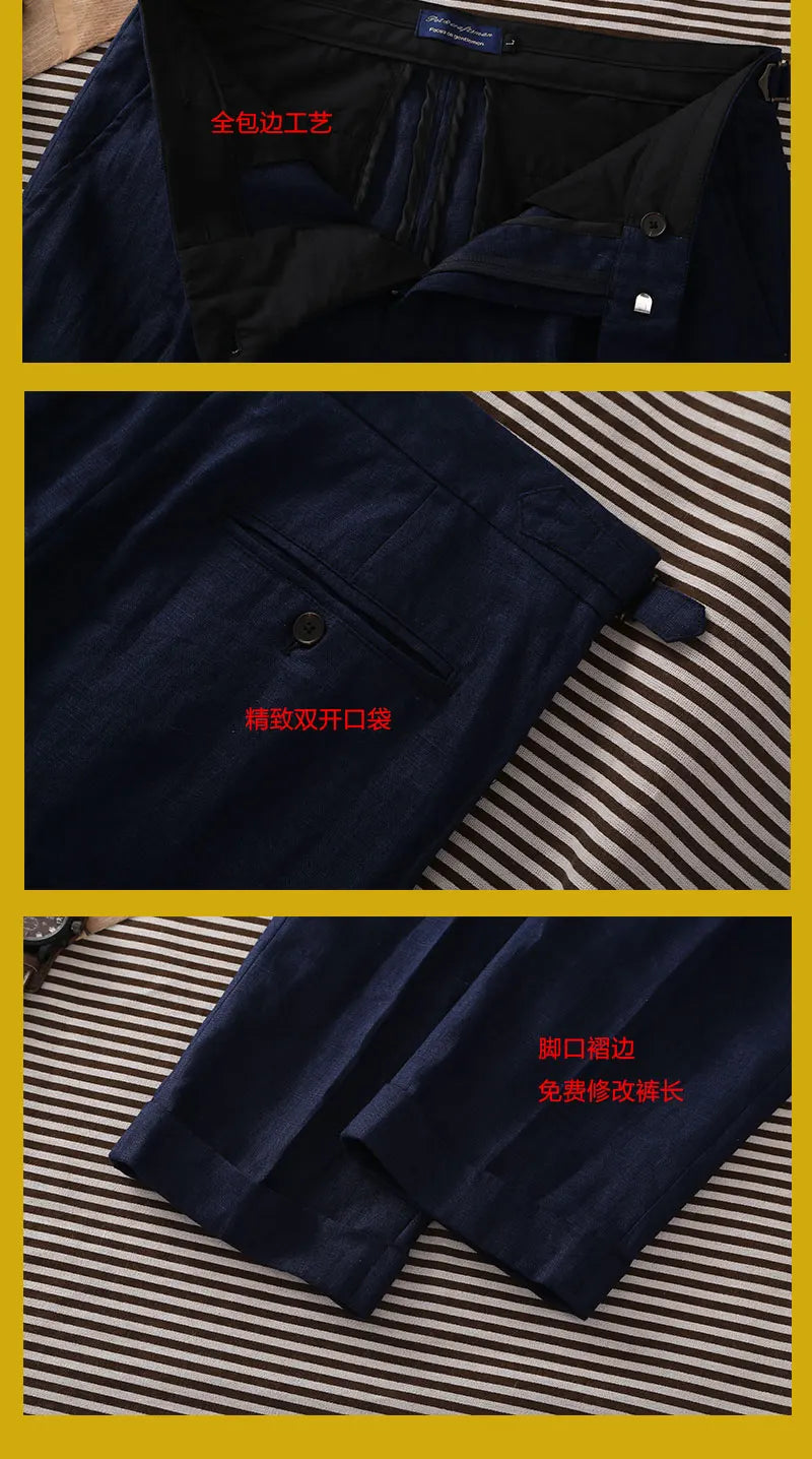 Navy pure linen Paris button micro-tapered slacks Italian casual single-pleat suit pants for men customized