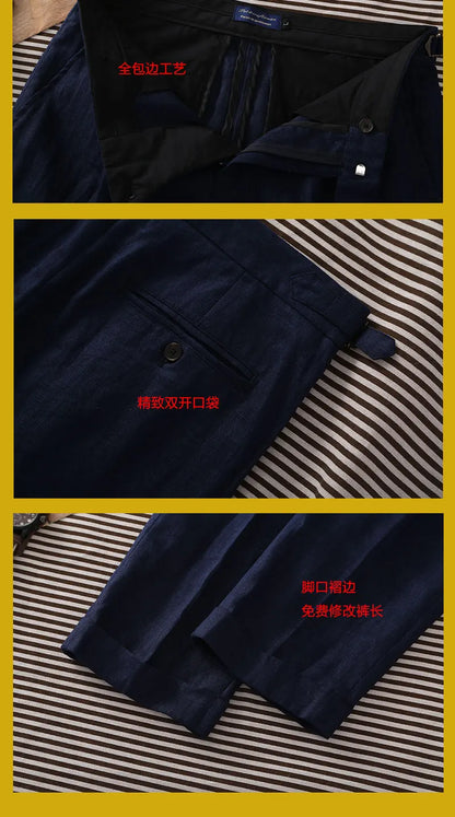 Navy pure linen Paris button micro-tapered slacks Italian casual single-pleat suit pants for men customized