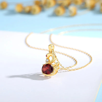 Exquisite 18K Natural Garnet Crystal Swan Pendant Necklace for Women AU750 Solitaire Choker Red Corundum Zircon Jewelry Gift
