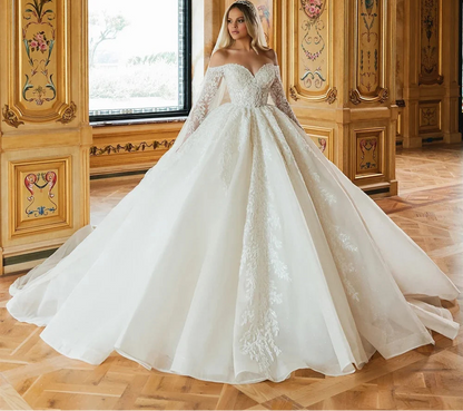 Beauty Beading Pearls Ball Gown Princess Wedding dress Off Shoulder Full Sleeves Sparking Lace Court Train Bridal Gowns