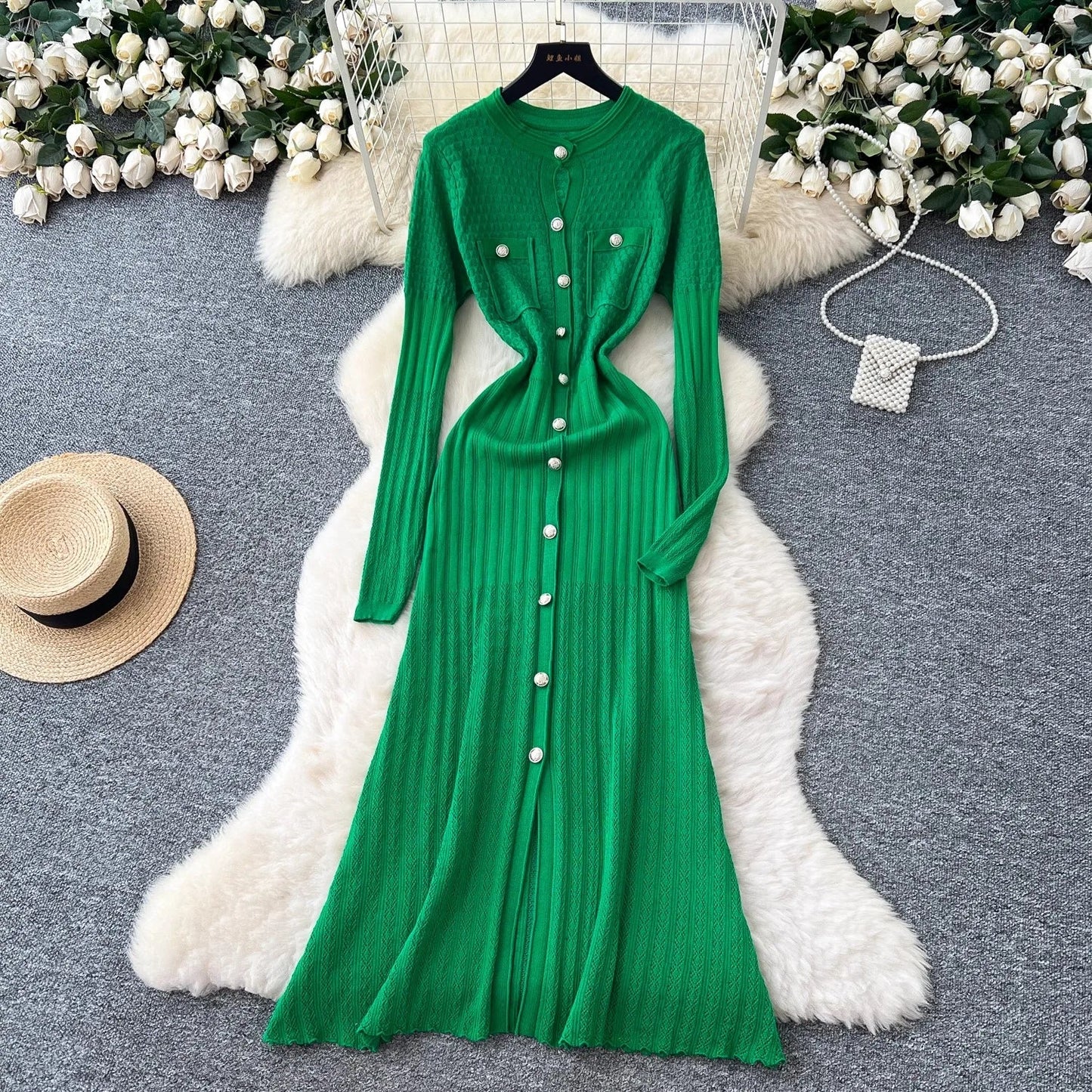 Brand Fashion Aesthetic Patchwork Knitted Maxi Dress Autumn Winter Women Luxury Shirt Sweater Dress Office Lady Vestido