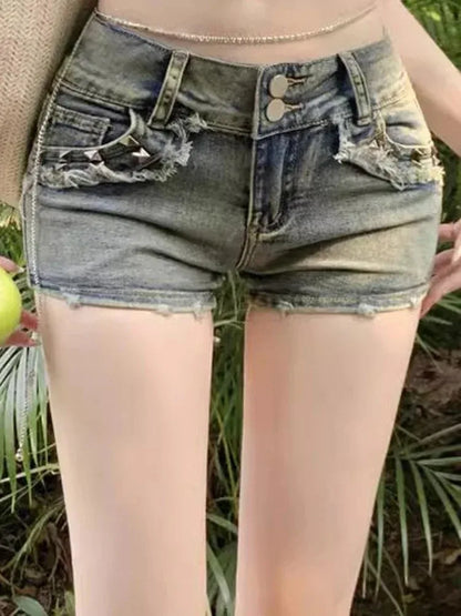 American vintage hot girl denim shorts female summer new low waist show thin high street design feeling pack hip ultra short hot