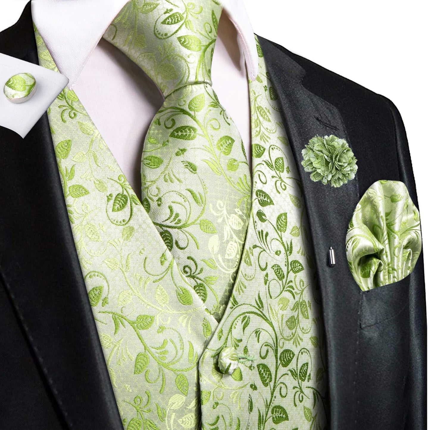 Luxury Mens Vests Black Gold Floral Jacquard Waistcoat Tie Hanky Cufflinks Brooch Set for Men Suit Wedding Office XL