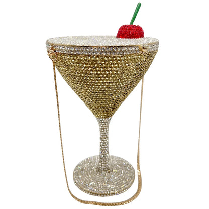 Cherry Martini Gold Rhinestone Evening Cocktail Party Handbag Women Luxury Bling Crystals Wedding Bridal Clutch Purses