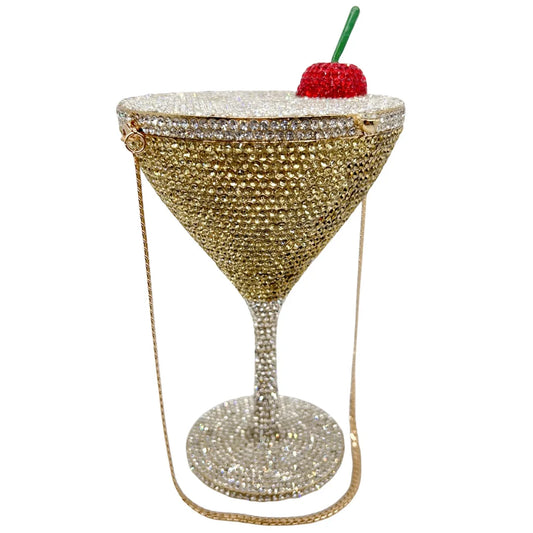 Cherry Martini Gold Rhinestone Evening Cocktail Party Handbag Women Luxury Bling Crystals Wedding Bridal Clutch Purses