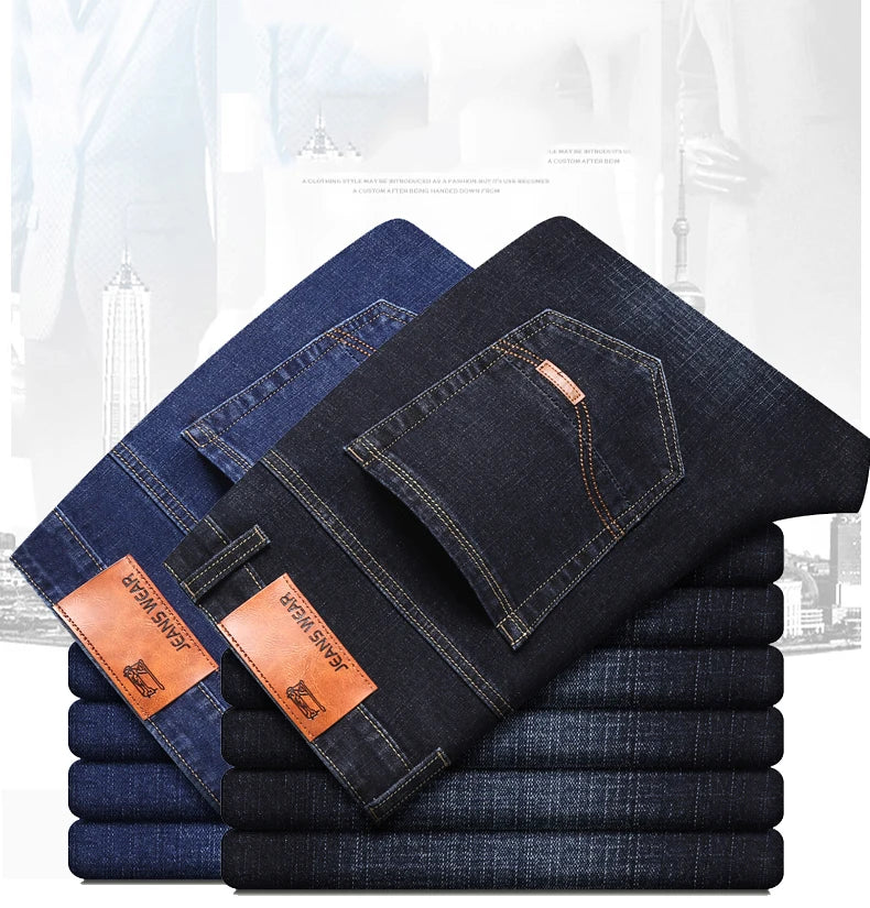New Men's Fashion  Business Casual Stretch Slim Jeans Classic Trousers Denim Pants Male Black Blue