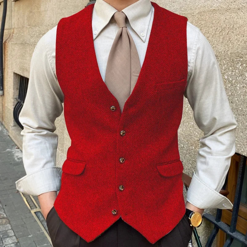 Men Vest Blue Herringbone Solid Color Single Button Waistcoat For Wedding Business Banquet Work Formal Men Suit Vest