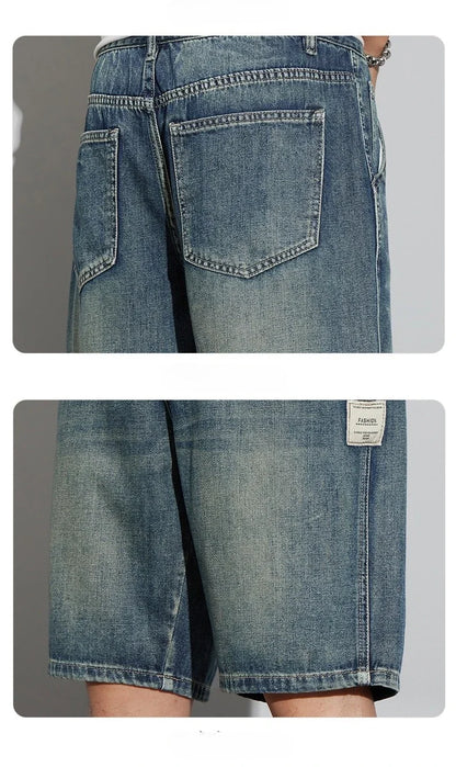 Summer Vintage Denim Shorts Men's Fashion Straight Casual Loose Streetwear Bermuda Jeans Male Short Pants Streetwear