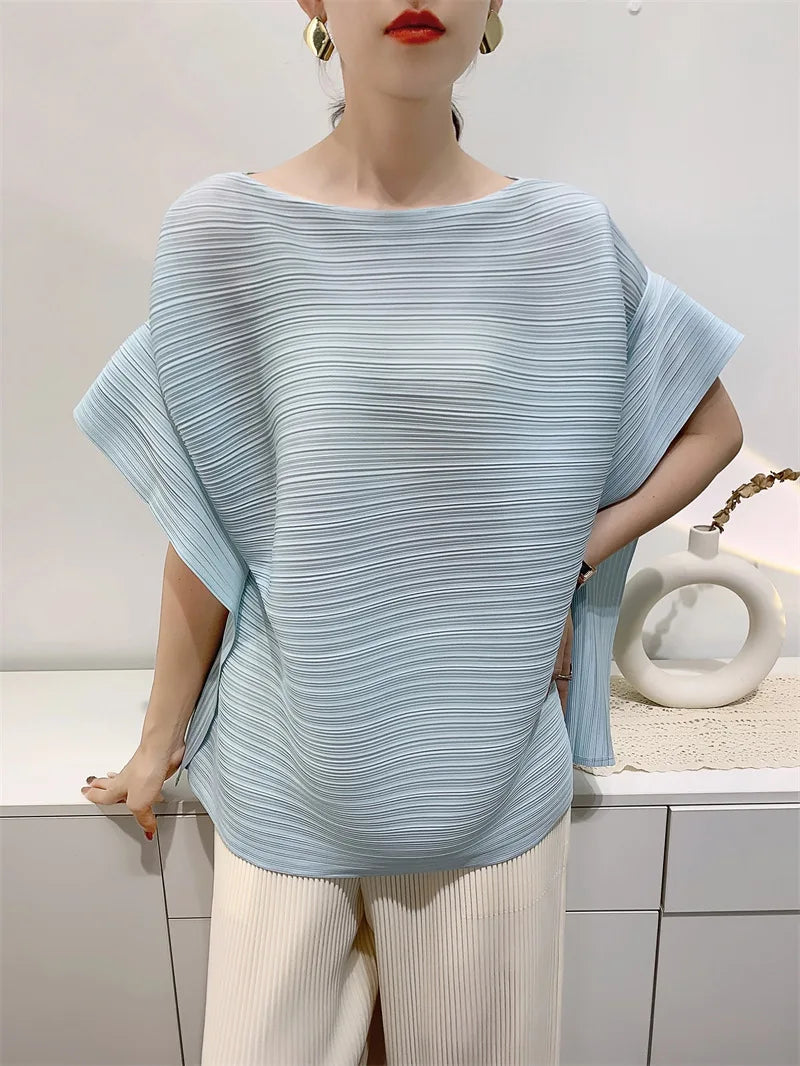 2025 Summer T-shirt Miyake Comfortable Casual Loose Pleated Top Women Short Sleeve Slim Commuter Office Clothes Wrinkle-Free