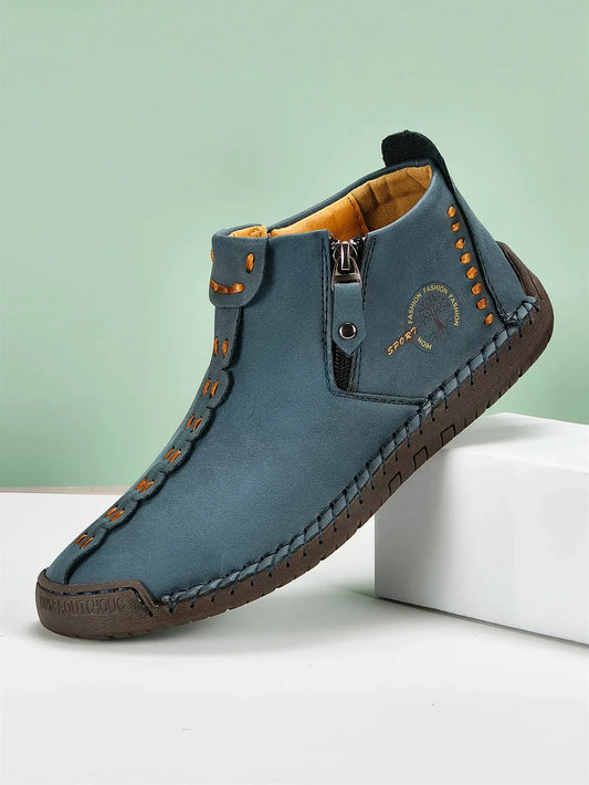 New Classic Handmade Leather Men Shoes Zipper Design Outdoor Sneakers Slip On Breathable Casual Shoes Leather Men Ankle Boots
