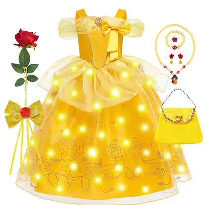 Beauty Belle Princess Cosplay Dress Girl Yellow Floral Off Shoulder Mesh Kid LED Light Halloween Costume Birthday Surprise Gift