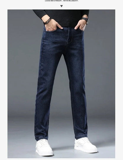 New Men's Comfortable Soft Business Fashion Straight Casual Denim Trousers Male Brand Clothing Light Luxury Stretch Slim Jeans
