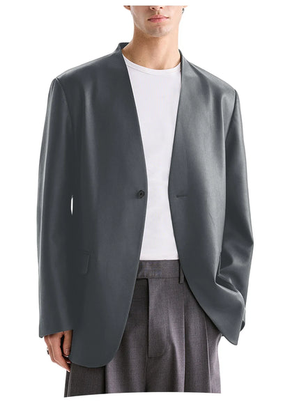 Luxury Men's PU Leather Blazer Collarless Jacket Loose 1 Button Elegant Solid Color Coat for Party Wedding Office Daily Wear