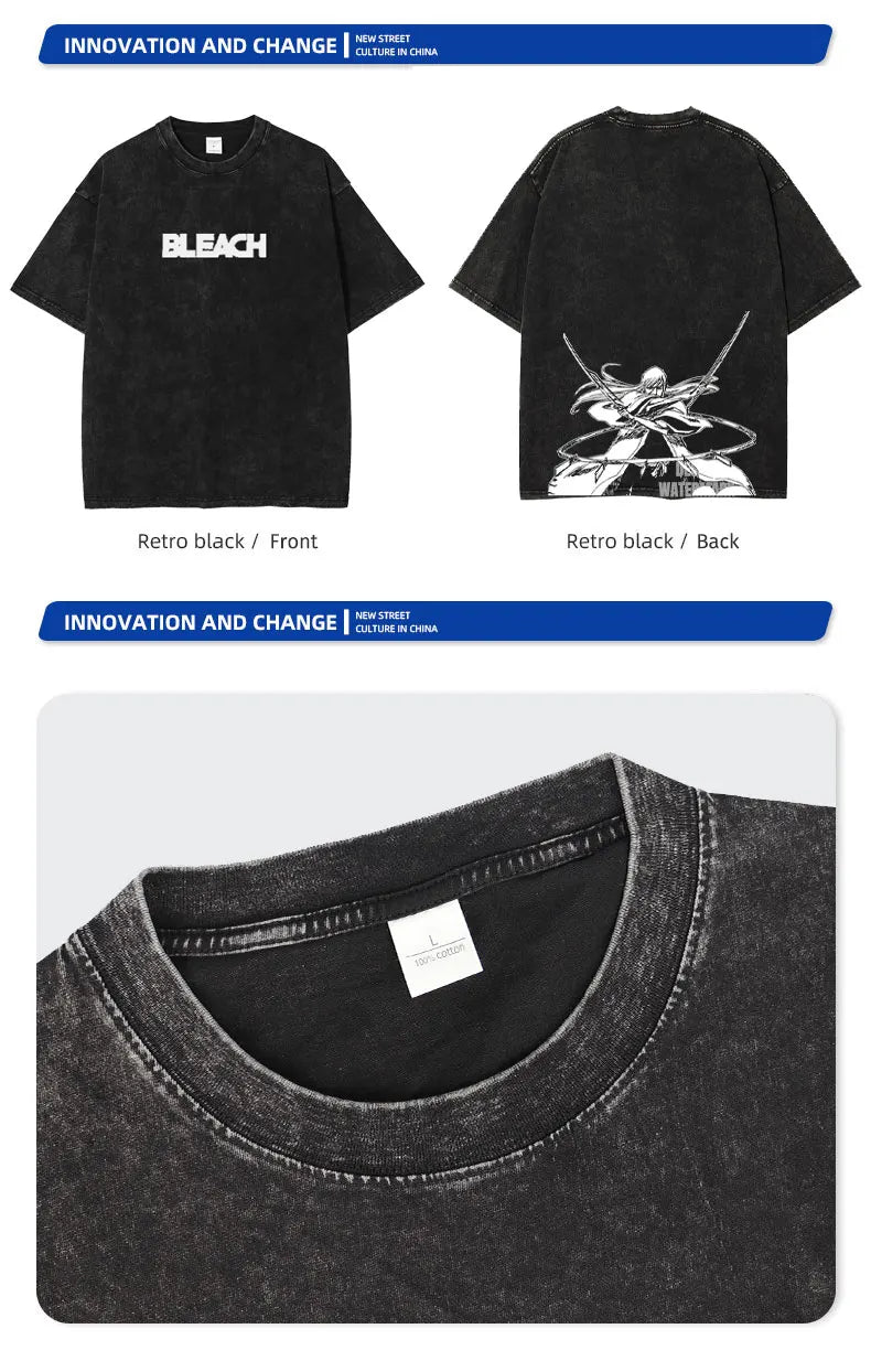 Anime Zaraki Kenpachi T Shirts Oversized Vintage Washed B-Bleach T-shirt Manga Kurosaki Ichigo T Shirt Renji Uryuu Tops Tees Man
