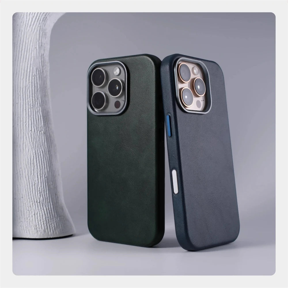 Luxury Business Retro Leather Magnetic Case For iPhone 17 Pro Max 16 Plus 15 14 13 MagSafe Alloy Lens Wireless Charging Cover
