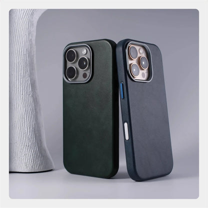 Luxury Business Retro Leather Magnetic Case For iPhone 17 Pro Max 16 Plus 15 14 13 MagSafe Alloy Lens Wireless Charging Cover