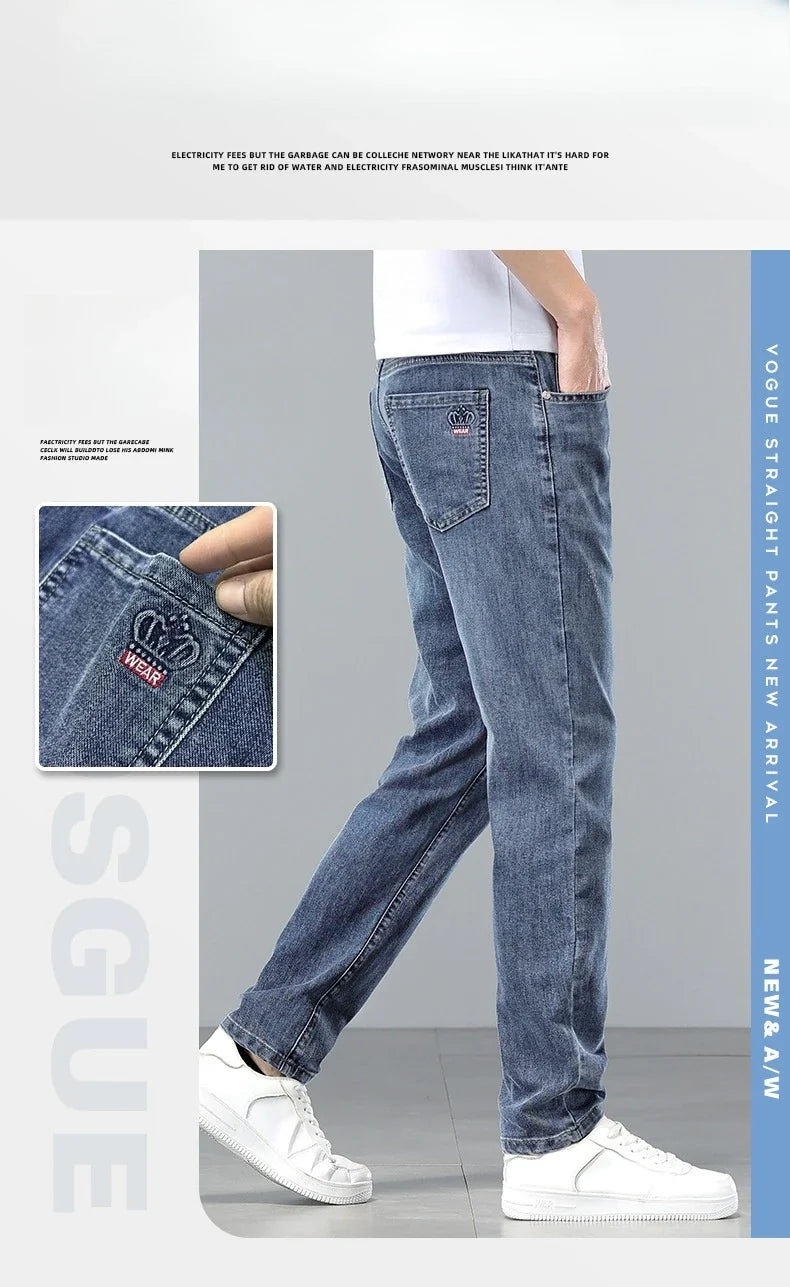  Brand Clothing Spring Summer Slim Men's Jeans Casual Breathable Cotton Fabric Stretch Denim Pants Blue Trousers Male Plus Size
