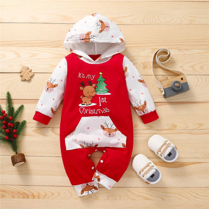 Prowow 0-18M Baby Christmas Costume Cartoon Deer Jumpsuit With Santa Hat Christmas Baby Romper For Newborn New Year Costume