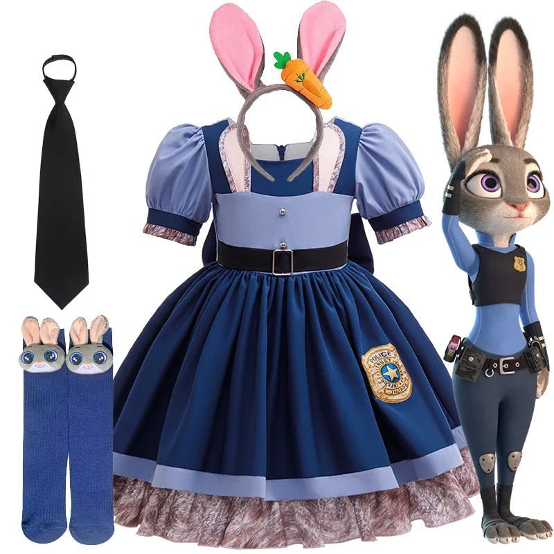 Girls Judy Bunny Police Officer Dress Disney Zootopia 2 Bunny Costume for Kids Cosplay Dress With Accessories Fancy Outfits
