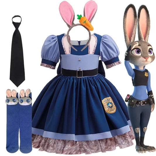 Girls Judy Bunny Police Officer Dress Disney Zootopia 2 Bunny Costume for Kids Cosplay Dress With Accessories Fancy Outfits