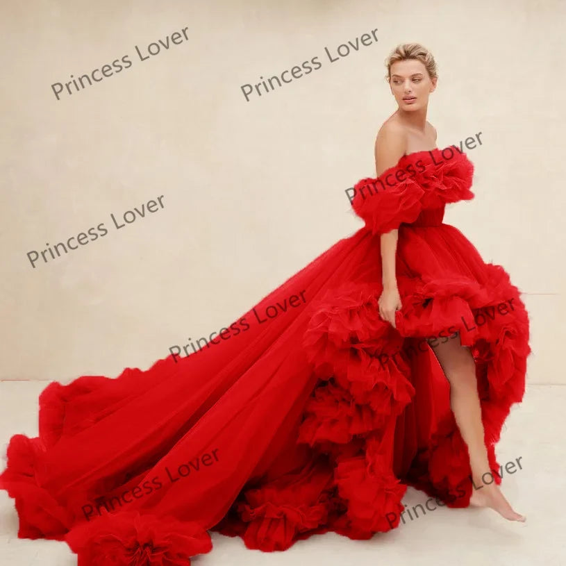 Women Prom Dresses Tulle High Low Vestido de Novia Robes Off the Shoulder Evening Dress Ruffled Fluffy Party Gowns Customized