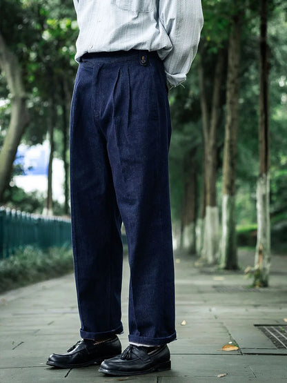 Autumn vintage workwear washed blue jeans loose straight leg pants wide leg pants organ button Gurkha pants
