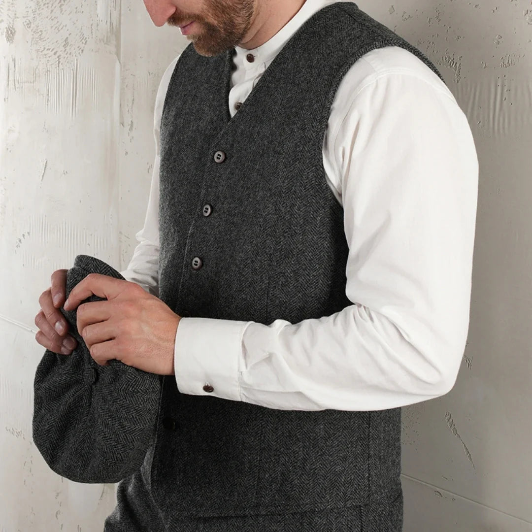 Men Vest Dark Gray Herringbone V Neck Waistcoat For Wedding Business Birthday Banquet Work Office Casual Daily Men Suit Vest