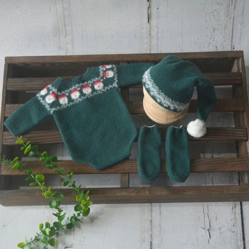 Christmas Baby Clothing Newborn Boy Girl Photography Santa Claus Costumes Sets Green Knitted Romper Stockings Hat 3pcs for Xmas