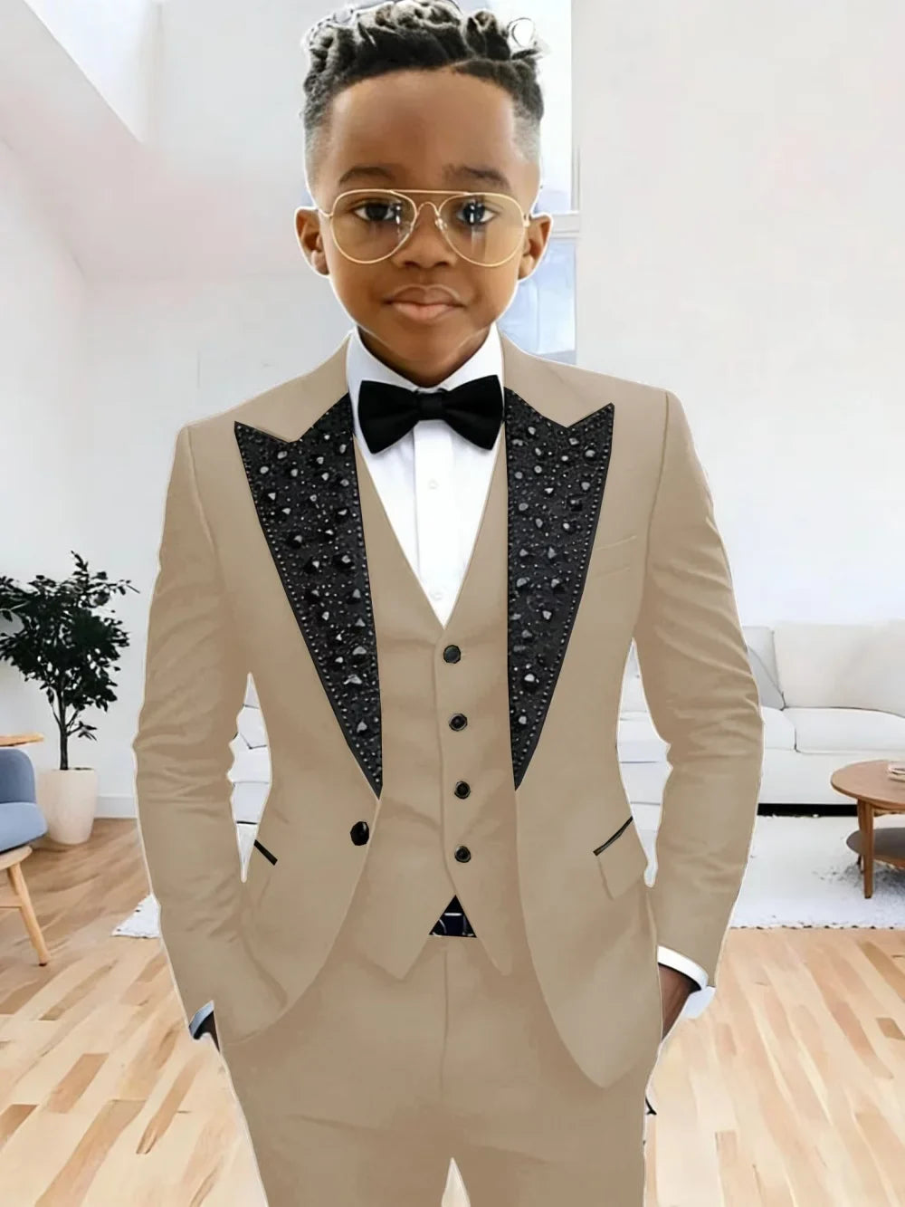 Boys Luxury Beaded Suit Set 3 Pieces For Evening Party High Quality Peak Lapel Suits Piano Performance Wear Elegant Plus Size