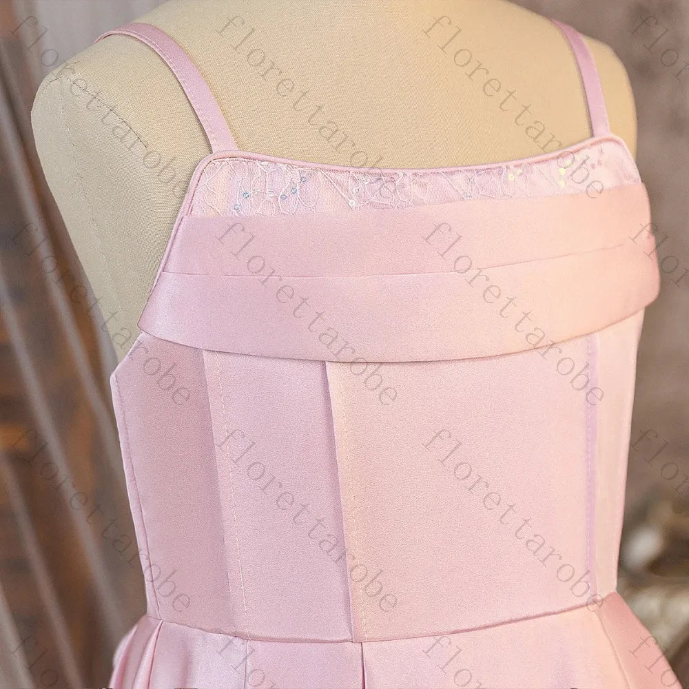 Customized Pink Satin A Line Girls Dress 2026 Spaghetti Strap High Slit Princess Gown for Wedding Baptism First Communion Party