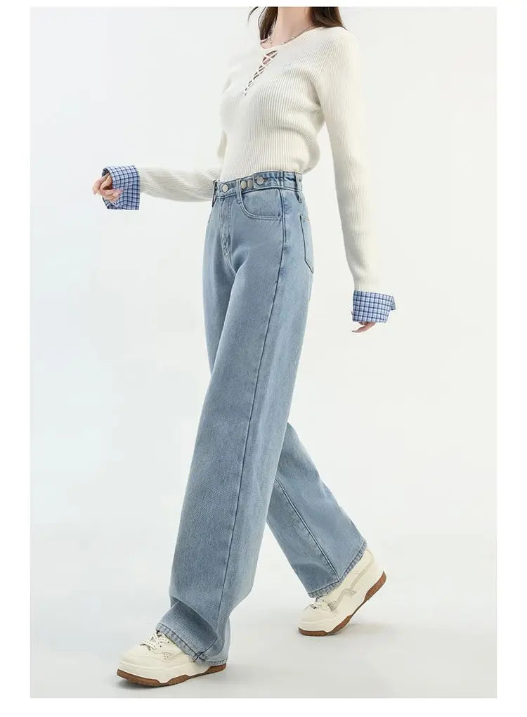 Winter Thick Warm Womens High Waist Jeans Fleece Lined Loose Fit Wide Leg Trousers Korean Style Stretchy Adjustable Waist  Jeans