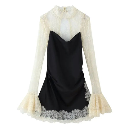 2026 Women Lace Patchwork Mini Dress Vintage Contrast Slim Long Sleeve Dresses Y2k Summer Fashion High Street Lady Chic Dress
